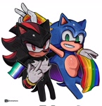 Size: 1982x2048 | Tagged: safe, artist:rumiamura, shadow the hedgehog, sonic the hedgehog, 2025, duo, flag, frown, gay, middle finger, mlm pride, pride, pride flag, shadow x sonic, shipping, signature, simple background, smile, standing, v sign, white background