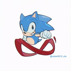 Size: 1600x1600 | Tagged: safe, artist:wobushisuomo, sonic the hedgehog, 2025, arms out, classic sonic, clenched fists, clenched teeth, cute, looking at viewer, signature, simple background, smile, solo, super peel-out, white background