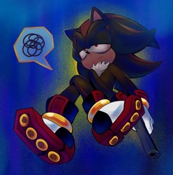 Size: 1429x1440 | Tagged: safe, artist:hacosa_nnn, shadow the hedgehog, 2025, abstract background, annoyed, dark bags under eyes, frown, gun, holding something, legs crossed, lidded eyes, looking offscreen, looking up, sitting, solo