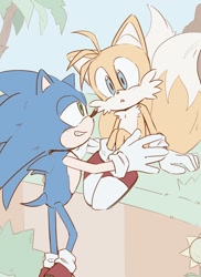 Size: 800x1100 | Tagged: safe, artist:n9443863741130, miles "tails" prower, sonic the hedgehog, 2025, abstract background, daytime, duo, flat colors, gay, looking at each other, outdoors, shipping, sonic x tails