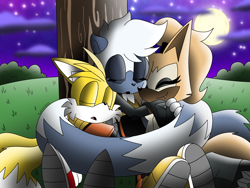 Size: 4000x3000 | Tagged: safe, artist:fartist2020, miles "tails" prower, tangle the lemur, whisper the wolf, fox, lemur, wolf, eyes closed, female, group, hugging, male, sleeping, tree
