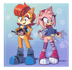 Size: 900x867 | Tagged: safe, artist:angiethecat, amy rose, nicole the hololynx, sally acorn, sonic the hedgehog, pouch