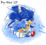 Size: 1280x1266 | Tagged: safe, artist:p-bj, sonic the hedgehog, oc, oc:monty the hedgehog, 2025, abstract background, brothers, cute, dialogue, duo, english text, eyes closed, heart, hugging, mouth open, ocbetes, open smile, signature, smile, standing