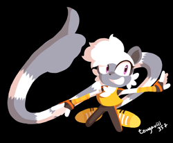 Size: 2430x2000 | Tagged: safe, artist:strangertongari, tangle the lemur, 2023, black background, clenched teeth, kneeling, lineless, looking at viewer, signature, simple background, smile, solo, tail hand, thumbs up