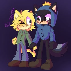 Size: 1237x1237 | Tagged: safe, artist:s0nicy2k, cat, 2023, barely sonic related, canon ship, craig tucker, creek (south park), duo, gay, gradient background, holding hands, looking at each other, mobianified, one eye closed, shipping, signature, smile, south park, standing, tweek tweak, whiskers
