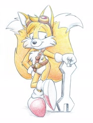 Size: 1543x2048 | Tagged: safe, artist:thepencilcritter, miles "tails" prower, 2024, hand on hip, holding something, leaning on something, lidded eyes, looking at something, pencilwork, simple background, smile, solo, sonic boom (tv), standing on one leg, traditional media, white background, wrench