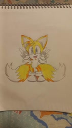 Size: 651x1156 | Tagged: safe, artist:mount23, miles "tails" prower, 2024, double v sign, looking at viewer, mouth open, open jacket, pencilwork, posing, redraw, shadow the hedgehog (video game), smile, solo, standing, traditional media, v sign, victory pose
