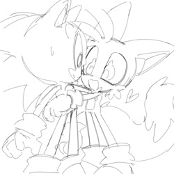 Size: 1280x1280 | Tagged: safe, artist:soba_kt, miles "tails" prower, sonic the hedgehog, oc, oc:secret history tails, 2025, cute, duo, frown, heart, holding them, line art, looking at each other, monochrome, mouth open, open smile, simple background, smile, sonabetes, sonic secret history, standing, sweatdrop, tailabetes, white background