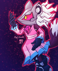 Size: 1060x1301 | Tagged: safe, artist:sonicpridecorner, infinite the jackal, 2025, abstract background, dress, infinite's mask, looking offscreen, outline, phantom ruby, signature, solo, trans female, transfem pride, transfeminine, transgender