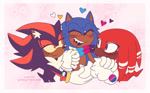 Size: 1957x1207 | Tagged: safe, artist:sonicpridecorner, knuckles the echidna, shadow the hedgehog, sonic the hedgehog, 2025, abstract background, badge, bisexual, bisexual pride, blushing, cute, ear fluff, eyelashes, eyes closed, gay, heart, holding hands, knucklebetes, knuxadow, knuxonadow, knuxonic, lidded eyes, looking at them, mlm pride, mouth open, open smile, polyamorous pride, polyamory, pride, scarf, shadow x sonic, shadowbetes, sharp teeth, shipping, signature, smile, sonabetes, standing, trio, yellow sclera