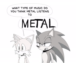 Size: 2048x1707 | Tagged: safe, artist:torusonicpilled, miles "tails" prower, sonic the hedgehog, 2025, dialogue, duo, english text, greyscale, lidded eyes, looking offscreen, monochrome, mouth open, simple background, speech bubble, standing, white background