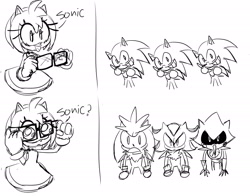Size: 2048x1603 | Tagged: safe, artist:thepinokio, amy rose, metal sonic, shadow the hedgehog, silver the hedgehog, sonic the hedgehog, 2025, amy mistaking everyone for sonic, amybetes, black sclera, dialogue, frown, glasses, group, holding something, line art, monochrome, mouth open, simple background, sketch, smile, white background