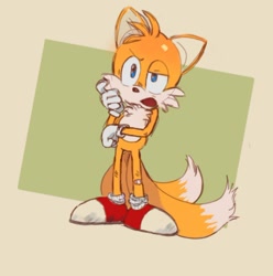 Size: 642x647 | Tagged: safe, artist:domi091, miles "tails" prower, 2025, abstract background, bandaid, bandaid on knee, looking offscreen, mouth open, solo, standing