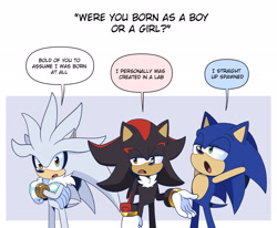 Size: 2048x1687 | Tagged: safe, artist:xxtc-96xx, shadow the hedgehog, silver the hedgehog, sonic the hedgehog, 2025, abstract background, arms behind head, arms folded, dialogue, english text, lidded eyes, looking offscreen, mouth open, speech bubble, standing, trio