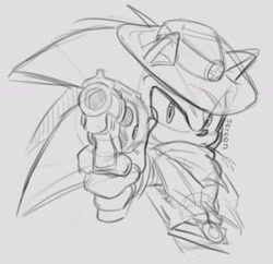 Size: 1600x1549 | Tagged: safe, artist:sereontea, sonic the hedgehog, 2025, alternate universe, greyscale, gun, holding something, looking at viewer, monochrome, pencilwork, sheriff outfit, signature, sketch, solo, traditional media