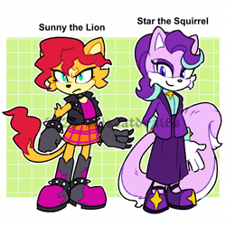 Size: 2048x2048 | Tagged: safe, artist:thiscatdraws, squirrel, 2025, abstract background, barely sonic related, character name, crossover, duo, frown, lion, looking at viewer, looking offscreen, mobianified, my little pony, signature, smile, species swap, standing, starlight glimmer, sunset shimmer