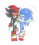 Size: 2048x2346 | Tagged: safe, artist:saintforan, shadow the hedgehog, sonic the hedgehog, 2025, duo, ear piercing, earring, eyelashes, gender swap, lesbian, lidded eyes, linking arms, looking at each other, pointing, r63 shipping, shadow x sonic, shipping, simple background, talking, walking, white background