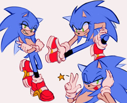 Size: 2048x1663 | Tagged: safe, artist:saintforan, sonic the hedgehog, 2025, blue background, eyelashes, frown, gender swap, lidded eyes, looking at viewer, pointing, simple background, smile, soap shoes, socks, solo, star (symbol), stretching, tongue out, v sign, wink