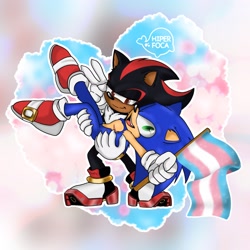 Size: 2048x2048 | Tagged: safe, artist:hiper_foca, shadow the hedgehog, sonic the hedgehog, 2025, abstract background, carrying them, ear fluff, flag, gay, heart, holding each other, holding something, looking at them, looking at viewer, outline, pride, pride flag, shadow x sonic, shipping, signature, smile, standing, top surgery scars, trans male, trans pride, transgender, v sign