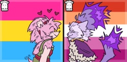 Size: 720x355 | Tagged: safe, artist:graves-yard, amy rose, blaze the cat, amy x blaze, amybetes, anonymous editor, blazebetes, cute, duo, edit, flat colors, heart, icon, lesbian, lesbian pride, pansexual, pansexual pride, pride, pride flag, pride flag background, shipping, signature, stitched, wagging tail