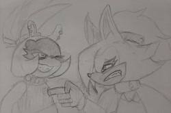 Size: 2048x1355 | Tagged: safe, artist:cosmic-radiocity, surge the tenrec, whisper the wolf, 2024, duo, frown, greyscale, lesbian, line art, looking at each other, monochrome, pencilwork, pointing, redraw, shipping, smile, squinting, traditional media, whisper x surge, wink