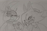 Size: 2048x1355 | Tagged: safe, artist:cosmic-radiocity, surge the tenrec, whisper the wolf, 2024, duo, frown, greyscale, lesbian, line art, looking at each other, monochrome, pencilwork, pointing, redraw, shipping, smile, squinting, traditional media, whisper x surge, wink