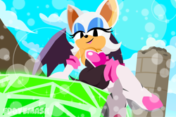 Size: 2048x1366 | Tagged: safe, artist:eddysmash2407, rouge the bat, 2025, abstract background, clouds, daytime, legs crossed, lidded eyes, looking at viewer, looking down at viewer, master emerald, outdoors, sitting, smile, solo