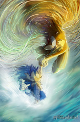 Size: 1343x2048 | Tagged: safe, artist:piliiiiconfusionf, miles "tails" prower, sonic the hedgehog, 2025, abstract background, carrying them, clenched teeth, duo, flying, holding hands, holding them, looking at each other, mouth open, open smile, signature, smile, spinning tails