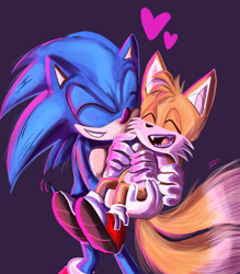 Size: 1791x2048 | Tagged: safe, artist:thegreengoose22, miles "tails" prower, sonic the hedgehog, 2025, carrying them, duo, eyes closed, fangs, heart, mouth open, open smile, purple background, simple background, smile, standing, valentine's day