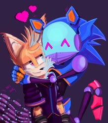 Size: 1791x2048 | Tagged: safe, artist:thegreengoose22, chaos sonic, miles "tails" prower, nine, sonic prime, 2025, duo, eyes closed, heart, hugging, looking at them, purple background, robot, simple background, smile, standing, valentine's day