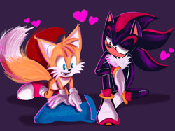 Size: 2048x1528 | Tagged: safe, artist:thegreengoose22, miles "tails" prower, shadow the hedgehog, 2025, blueprint, duo, fangs, heart, kneeling, looking at something, pointing, purple background, simple background, sitting, smile, valentine's day