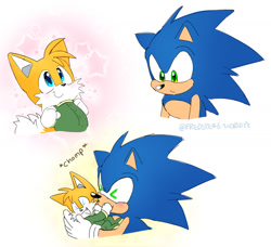 Size: 1569x1431 | Tagged: safe, artist:fredsters-world, miles "tails" prower, sonic the hedgehog, 2025, aged down, alternate universe, au:all for you, baby, blushing, carrying them, duo, eyes closed, flat colors, pout, sfx, signature, smile, star (symbol), younger