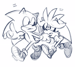 Size: 2048x1852 | Tagged: safe, artist:taborc, silver the hedgehog, sonic the hedgehog, dialogue, english text, gay, grey background, greyscale, holding hands, line art, looking at each other, monochrome, mouth open, pointing, shipping, silver, silver x sonic, simple background, solo, sonic, walking