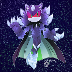 Size: 1416x1431 | Tagged: safe, artist:sonicpridecorner, mephiles the dark, 2025, abstract background, agender, agender pride, cape, claws, flying, looking offscreen, no mouth, outline, red sclera, signature, solo