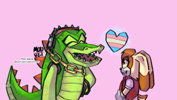 Size: 1920x1080 | Tagged: safe, artist:sonicpridecorner, vanilla the rabbit, vector the crocodile, 2025, clenched teeth, duo, eyes closed, heart, looking at them, mouth open, open smile, pink background, shipping, signature, simple background, smile, standing, straight, t4t, trans female, trans male, trans pride, transgender, vector x vanilla