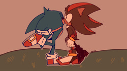 Size: 2048x1155 | Tagged: safe, artist:mr-eat, shadow the hedgehog, sonic the hedgehog, 2025, abstract background, duo, eyes closed, flat colors, gay, grass, kiss, outdoors, shadow x sonic, shipping, signature, standing