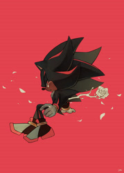 Size: 2000x2800 | Tagged: safe, artist:potatokoko, shadow the hedgehog, 2025, clenched teeth, crying, lidded eyes, looking at viewer, petal, red background, rose, simple background, sitting, solo, tears