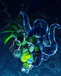 Size: 1859x2337 | Tagged: safe, artist:adoniism_, kit the fennec, surge the tenrec, 2025, abstract background, duo, electricity, glowing eyes, looking at viewer, tentacle, water