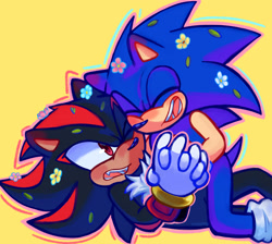 Size: 2048x1836 | Tagged: safe, artist:momoloop, shadow the hedgehog, sonic the hedgehog, 2025, duo, eyes closed, flower, frown, gay, holding hands, looking at them, lying down, mouth open, one eye closed, outline, shadow x sonic, shipping, simple background, sitting on them, smile, yellow background