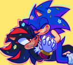 Size: 2048x1836 | Tagged: safe, artist:momoloop, shadow the hedgehog, sonic the hedgehog, 2025, duo, eyes closed, flower, frown, gay, holding hands, looking at them, lying down, mouth open, one eye closed, outline, shadow x sonic, shipping, simple background, sitting on them, smile, yellow background