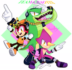 Size: 2048x2005 | Tagged: safe, artist:sonicartisx, charmy bee, espio the chameleon, vector the crocodile, 2025, abstract background, frown, looking at viewer, mouth open, open smile, signature, smile, team chaotix, trio