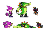 Size: 955x627 | Tagged: safe, artist:papagabu, charmy bee, espio the chameleon, vector the crocodile, 2025, eyes closed, floating eyebrows, frown, pixel art, simple background, smile, team chaotix, transparent background, trio