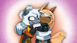 Size: 2048x1152 | Tagged: safe, artist:cinderghost22, tangle the lemur, whisper the wolf, 2025, alternate universe, au:timeskip (cinderghost22), cute, duo, gradient background, hair up, hugging, lesbian, looking at each other, mouth open, open smile, shipping, smile, standing, tail hug, tangle x whisper, uekawa style, wagging tail