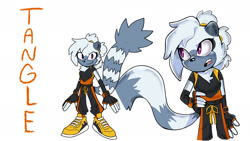 Size: 2048x1152 | Tagged: safe, artist:cinderghost22, tangle the lemur, 2025, alternate universe, au:timeskip (cinderghost22), character name, duo, hair up, looking offscreen, mouth open, simple background, smile, uekawa style, white background