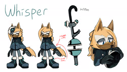 Size: 2048x1152 | Tagged: safe, artist:cinderghost22, whisper the wolf, 2025, alternate universe, au:timeskip (cinderghost22), character name, english text, eyes closed, looking offscreen, simple background, smile, solo, standing, uekawa style, white background, wispon