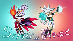 Size: 2048x1152 | Tagged: safe, artist:cinderghost22, blaze the cat, silver the hedgehog, cat, hedgehog, 2025, alternate version, au:timeskip (cinderghost22), cape, character name, clothes, duo, female, fire, flame, gradient background, looking at each other, male, mid-air, mouth open, open smile, psychokinesis, smile