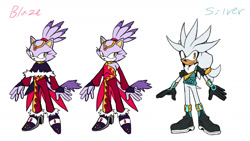 Size: 1280x720 | Tagged: safe, artist:cinderghost22, blaze the cat, silver the hedgehog, 2025, alternate universe, au:timeskip (cinderghost22), cape, character name, duo, flat colors, looking offscreen, simple background, smile, standing, white background