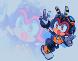 Size: 533x421 | Tagged: safe, artist:mumidraws, charmy bee, bee, 2025, charmabetes, cute, double v sign, echo background, flying, male, mid-air, mouth open, open smile, smile, solo, v sign