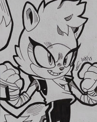 Size: 1564x1955 | Tagged: safe, artist:gruffdasmuff, tangle the lemur, 2025, clenched fists, clenched teeth, inkwork, line art, monochrome, signature, smile, solo, standing, traditional media