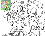 Size: 892x720 | Tagged: safe, artist:fishsoof, amy rose, trip the sungazer, 2025, amy's classic dress, blushing, classic amy, duo, hands together, heart, lesbian, lidded eyes, line art, looking at each other, monochrome, mouth open, open smile, redraw, reference inset, shipping, simple background, smile, standing, tripamy, white background